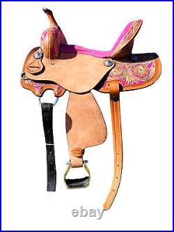 10 12 13 14 Western Kids Horse Barrel Saddle For Riding Floral Tooled Pink