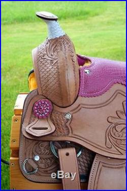 10 12 Med Oil + PINK GATOR SEAT +BLIING conchos Western PONY MINI TRAIL Saddle