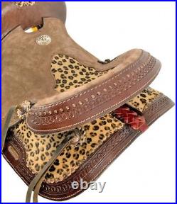 10 Double T Hard Seat Barrel Style Saddle With Cheetah Seat And Leather Tassel