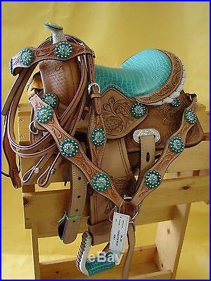 10 Leather SHOW Saddle Kid Pony Mini Western Saddle Trail Turquoise Alligator