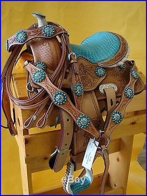 10 Leather SHOW Saddle Kid Pony Mini Western Saddle Trail Turquoise Alligator