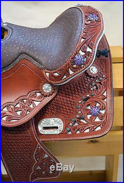 10 OR 12 Medium Oil Leather Tooled Filigree Youth Western Saddle Grey Purple