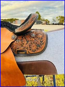 10 to 13 Kids Floral Tooled Western Leather Horse Barrel Saddle Free Shipping