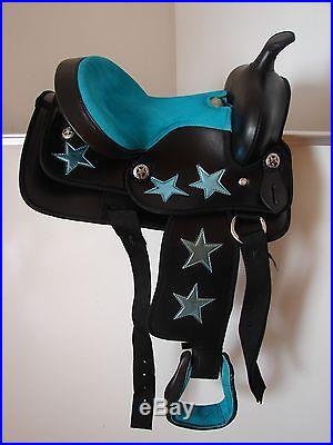 12 Black Blue Star Western Trail Kid Youth Pony Mini Horse SYNTHETIC SADDLE 4Pc