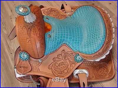 12 Leather SHOW Saddle Kid Pony Mini Western Saddle Trail Turquoise Alligator