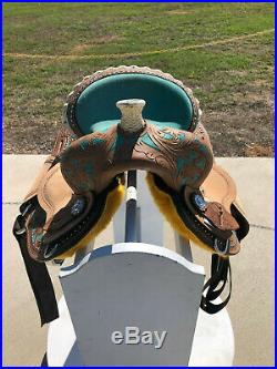 12 New Western Leather Youth Kids Trail Barrel Horse Saddle Turquoise HS/BC