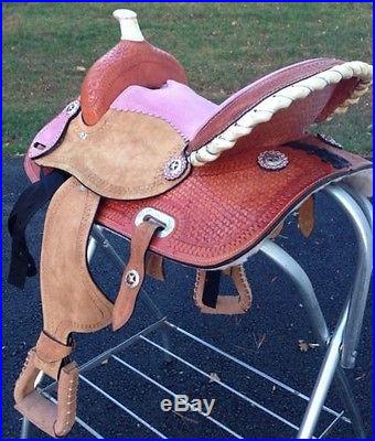 13 Barrel Youth Saddle Pink + Headstall And Breast Collar Reins