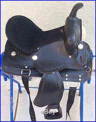 13 NEW BLACK LEATHER WESTERN PLEASURE AND TRAIL SADDLE PACKAGE