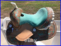 13 New Western Leather Youth Kids Trail Barrel Horse Saddle HS/BC Turquise