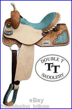 14 15 16 DOUBLE T BARREL STYLE SADDLE WITH TEAL FILIGREE PRINT SEAT NEW