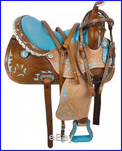 14 15 16 Turquoise Barrel Racer Western Pleasure Trail Horse Leather Saddle Blue