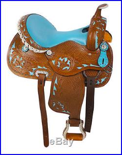 14 15 16 Western Barrel Racing Pleasure Trail Horse Leather Saddle Tack Set Blue