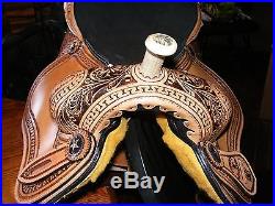 14 15 DOUBLE T BARREL SADDLE FLORAL TOOLING RHINESONES FULL QH BARS