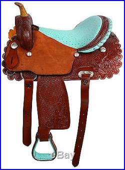 14 BLUE LEATHER WESTERN BARREL RACER RACING TRAIL SHOW HORSE SADDLE TACK NEW