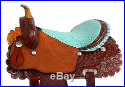 14 BLUE LEATHER WESTERN BARREL RACER RACING TRAIL SHOW HORSE SADDLE TACK NEW