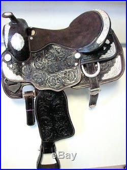 14 DARK Oil Leather Western Show Saddle Silver Trim Tooled Headstall Bc Youth