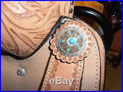 14 Double T Barrel Racing Racer TURQUOISE STONES Embossed Seat Leather Saddle