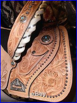 14 Double T Barrel Racing Racer TURQUOISE STONES Embossed Seat Leather Saddle