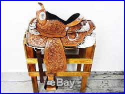 14 WESTERN COWBOY SILVER LEATHER TRAIL TOOLED PARADE SHOW HORSE SADDLE TACK