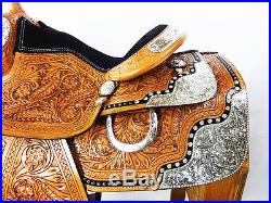 14 WESTERN COWBOY SILVER LEATHER TRAIL TOOLED PARADE SHOW HORSE SADDLE TACK