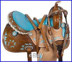 15 16 Turquoise Blue Hand Painted Inlay Barrel Racing Western Horse Saddle Tack