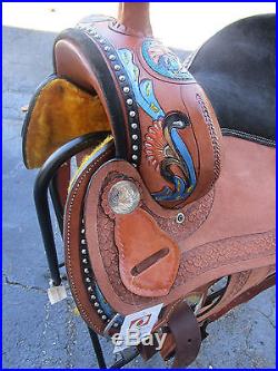 15 16 Used Barrel Racing Blue Pleasure Trail Tooled Leather Western Horse Saddle