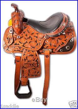 15 16 WESTERN BARREL RACER RACING SHOW PLEASURE TRAIL LEATHER SADDLE CARVED TACK