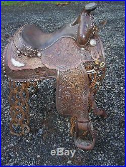 15.5 -16 Vintage Circle Y Tooled Leather & Silver Western Show Saddle