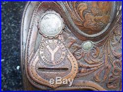 15.5 -16 Vintage Circle Y Tooled Leather & Silver Western Show Saddle