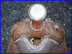 15.5 -16 Vintage Circle Y Tooled Leather & Silver Western Show Saddle FreeShip