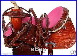 15 PINK LEATHER WESTERN BARREL RACER RACING TRAIL SHOW HORSE SADDLE TACK NEW