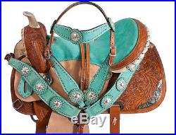 15 TURQUOISE BLUE SILVER ROUGH OUT BARREL RACING WESTERN HORSE SADDLE TACK