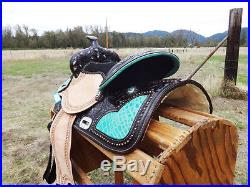 15 TURQUOISE WESTERN BARREL RACER LEATHER PLEASURE TRAIL SILVER SHOW SADDLE