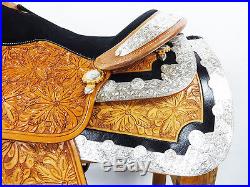 16 BLACK MONTANA SHOW WESTERN LEATHER SILVER PARADE TRAIL HORSE SADDLE TACK