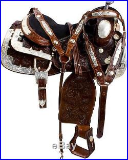 16 Dark Oil Silver Show Western Fully Tooled Silver Horse Saddle Tack Set New