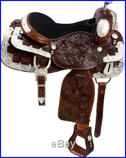 16 Dark Oil Silver Show Western Fully Tooled Silver Horse Saddle Tack Set New