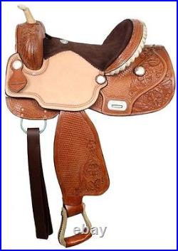 16 Double T BARREL SADDLE with Floral & basket weave tooling Suede leather seat
