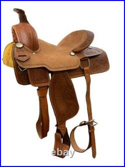 16 Roper Style saddle with roughout leather hard seat. Saddle features rough