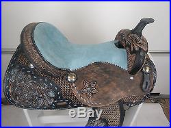 16 Western Leather Barrel Pleasure Trail Black Baby Blue Horse Saddle Tack