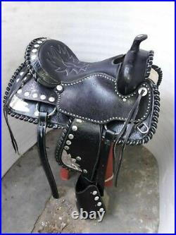 16''western black leather fully show saddle with silver corner canchos