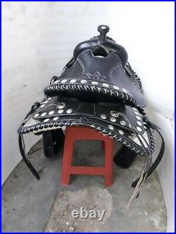 16''western black leather fully show saddle with silver corner canchos