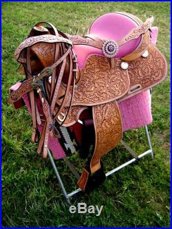 17 Horse Western Barrel Show Pleasure LEATHER SADDLE Bridle Pink 5064