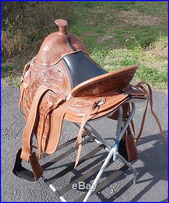 4030 New 16 leather gaited horse trail saddle full hand tooling beauty