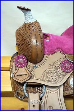 8 10 12 Youth Pony Tooled Leather Western Saddle Pink Suede Seat