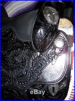 Big Horn Black Silver Show Saddle Equitation 16 In. Super Nice Vintage Used