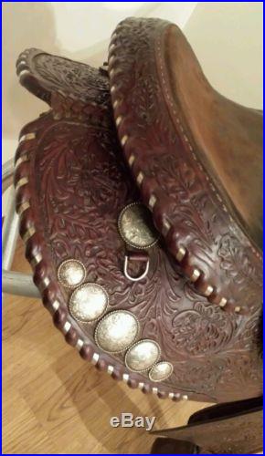 Billy Royal 15 Wester Show Saddle, Dark Cherry Tooled Leather with Silver