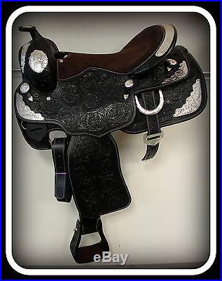 Black Leather tooled Western Pleasure Trail Silver Show Saddle 16 HS BC Horse