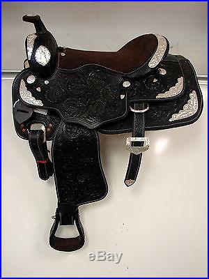 Black Leather tooled Western Pleasure Trail Silver Show Saddle 16 HS BC Horse