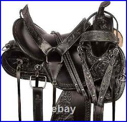 Black Western Horse Saddle Hand Tooled Leather Horse Tack Saddle 12To18 inches