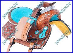 Blue Floral Tooled Western Leather Horse Saddle Tack Set Headstall 10-18 F/s